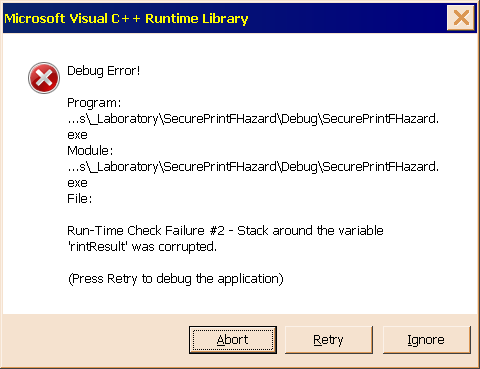 Buffer overrun message from debug build, run from command prompt
