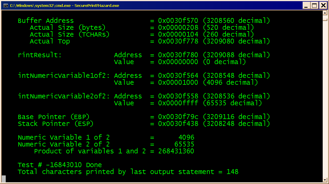 Command Window, showing evidence of the buffer overflow, which overwrote the argument list