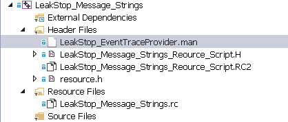 Figure 9 shows the LeakStop_Message_Strings project, with  LeakStop_EventTraceProvider.man selected.