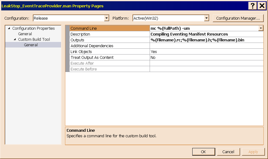 Figure 11 shows the Custom Build Tool configuration page of the LeakStop_EventTraceProvider.man property sheet.