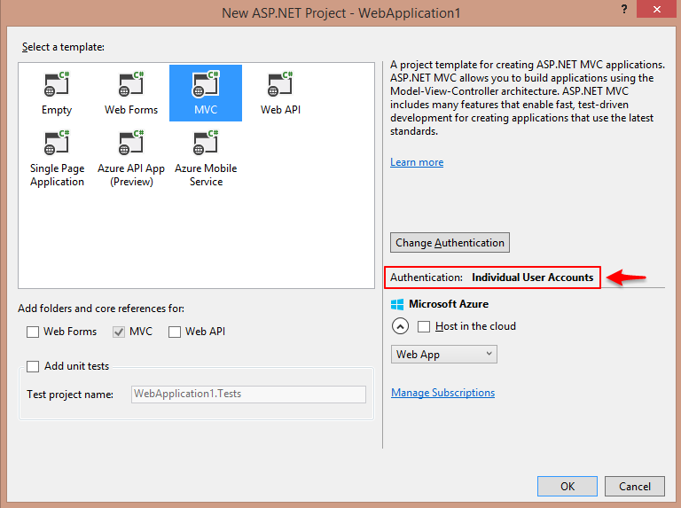 Visual Studio MVC Template with Authentication Example
